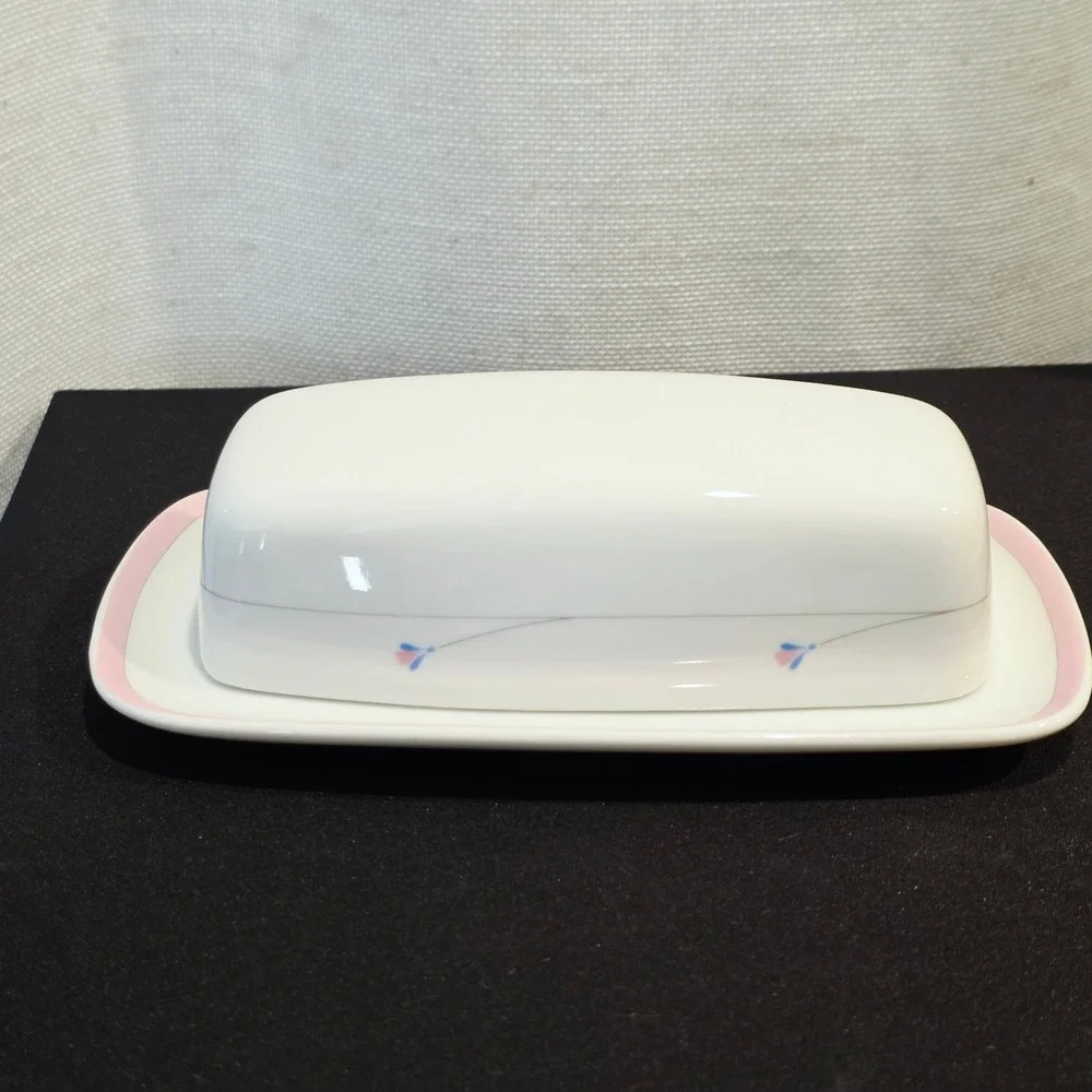 Vintage Signature Radiance Porcelain Butter Dish Pink Blue Floral Japan 80s